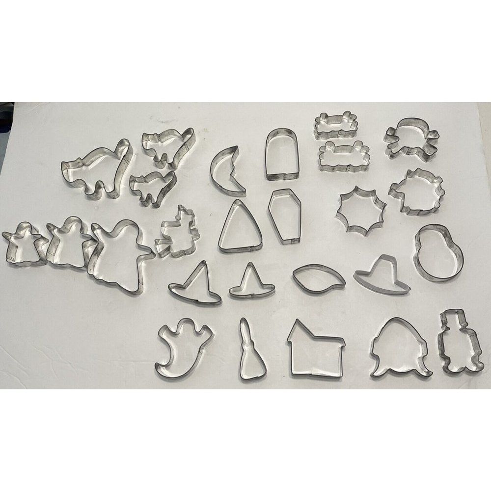 Vtg 26 Metal Cookie Cutters Halloween Cat Ghost Witch Hat Moon Tombstone Eye